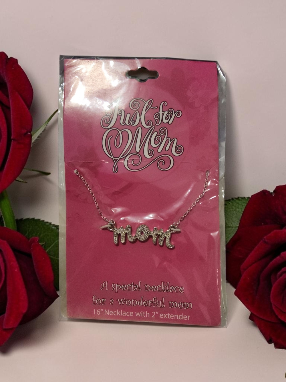 10 / $10 Silver 'Mom' Pendant Necklace - Pink Card